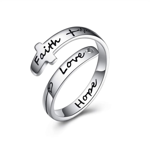 YAFEINI Cross Rings Sterling Silver Faith Adjustable Wrap Rings for Women Inspirational Jewelry Gifts (Hope, 7)