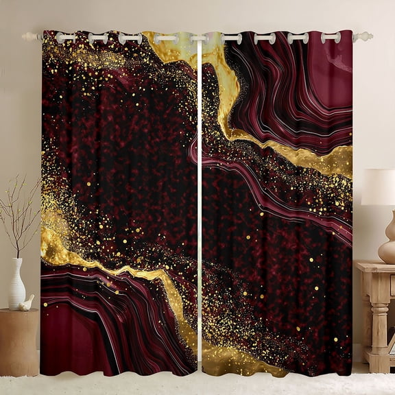 Homewish Fulid Striped Artistic Black Out Curtains,Marble Texture Pattern Curtains Pack of 2 (42x63 Each),Red Gold Black Bedroom Curtains For Men Women,Breathable Home Decor