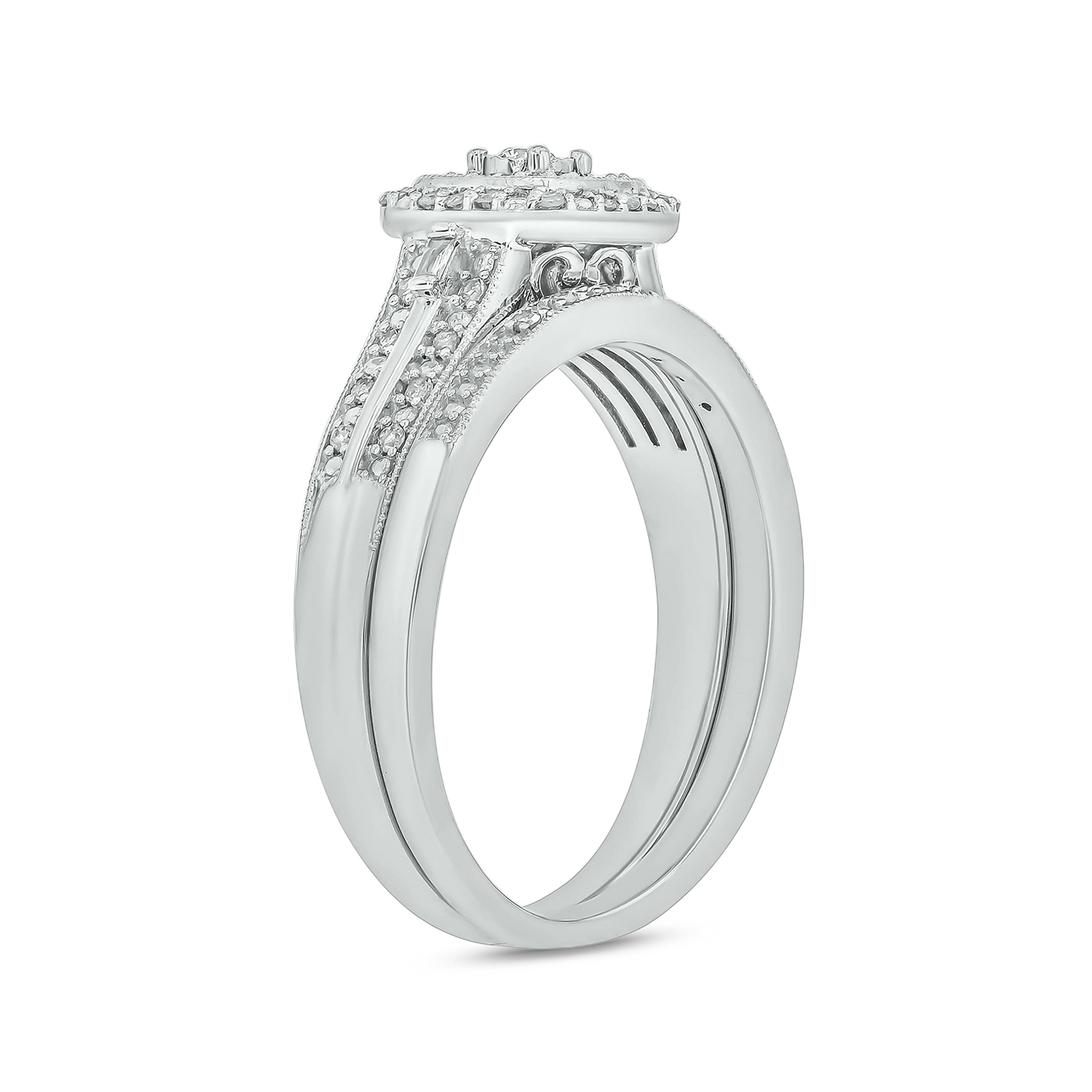 1/3cttw Diamond Square Halo Engagement Ring with Matching Diamond Wedding Band for Women in 925 Sterling Silver, Women's Silver Square Wedding Ring Set with Halo and Diamond Accented Bands