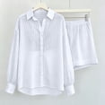 thumbnail image 5 of Cagogo Women's 2 Piece Striped Casual Set V Neck Long Sleeve Top Elastic Waisted Shorts Summer Outfits Lounge Travel Clothes Matching Two Piece, White S, 5 of 5