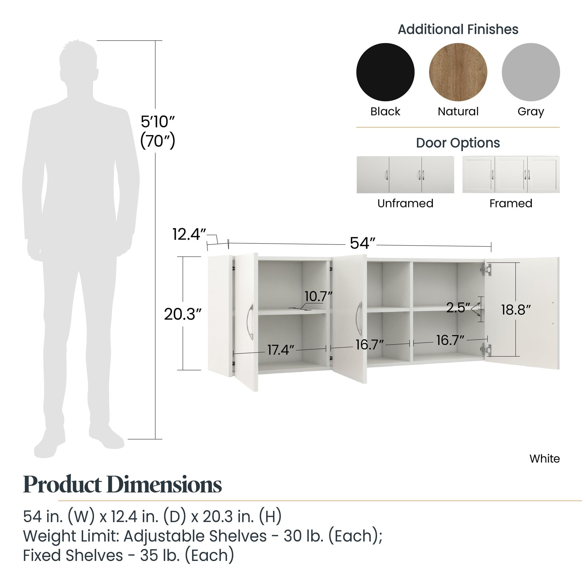 RealRooms Basin 54" 3 Door Wall Cabinet with Adjustable Shelf, White