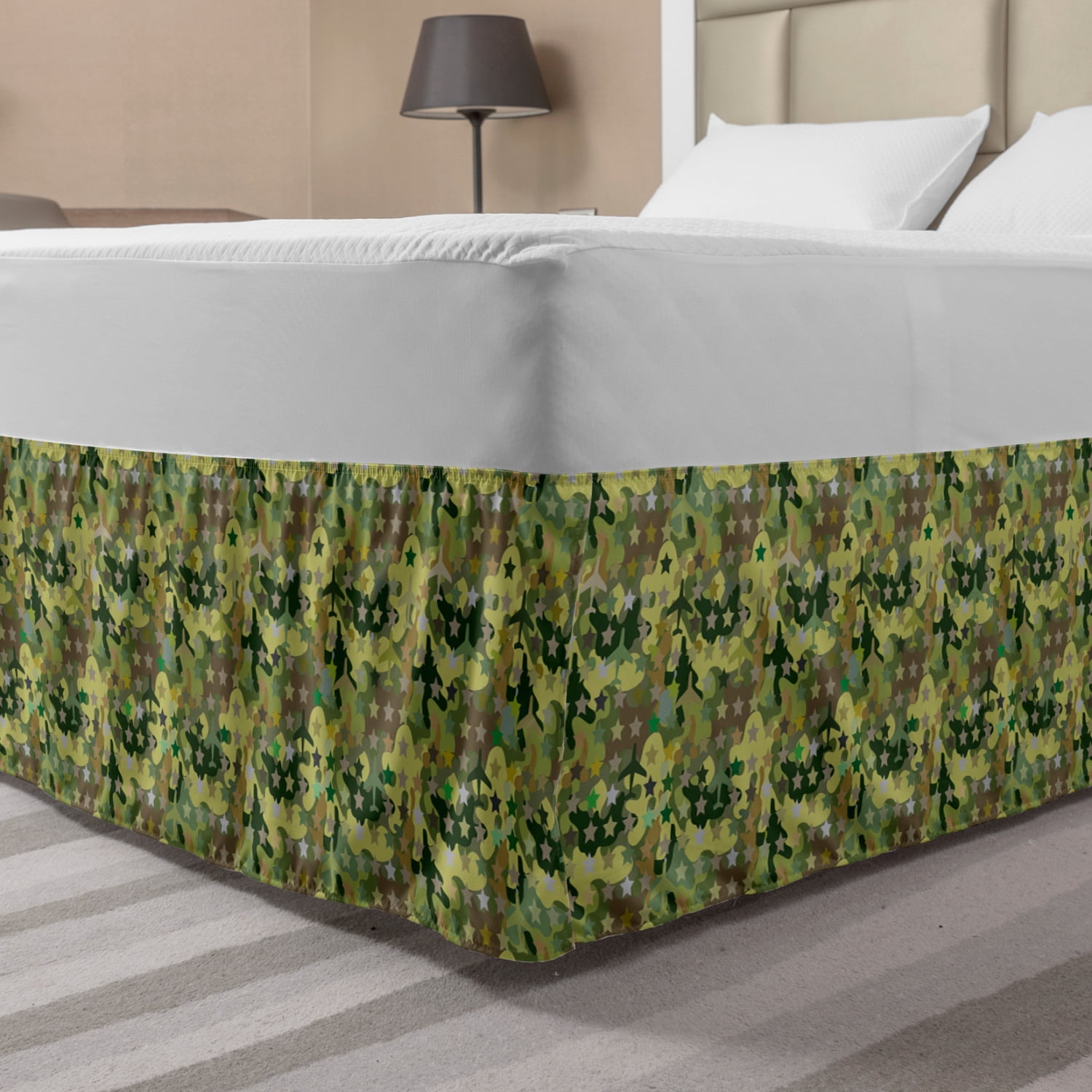 Khaki Bed Skirt, Jumble of Camouflage Like Pattern with Stars and Plane