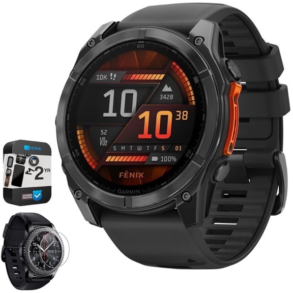 Garmin 010-02905-00 Fenix 8 51 mm, AMOLED Slate Gray with Black Silicone Band Bundle with 2 Year Extended Warranty & Deco Essentials 1.4 Inch Screen Protector