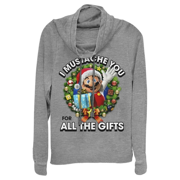 Junior's Nintendo Christmas Super Mario Mustache Cowl Neck Sweatshirt Gray Heather 4X Large