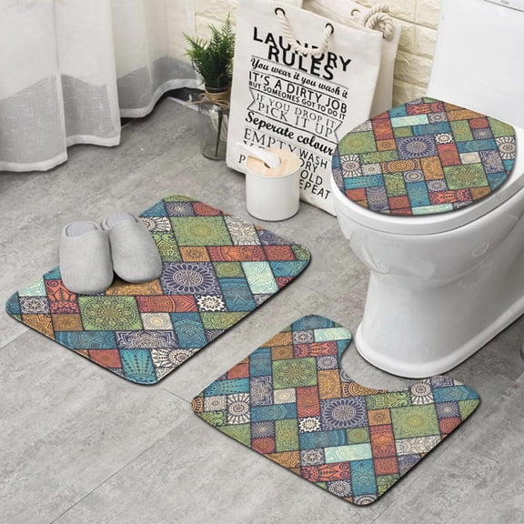 Multicolor Ethnic Geometric Patchwork Pattern Bathroom Rugs Sets 3 Piece,Toilet Cover Set,Absorbent Non Slip Bathroom Mats Sets with U-Shaped Contour Rug Toilet Rug Set