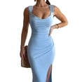 thumbnail image 3 of Women'S Slip Long Dress Cowl Neck Backless Ruched Bodycon Side Split Cocktail Party Night Out Dress Blue L, 3 of 9