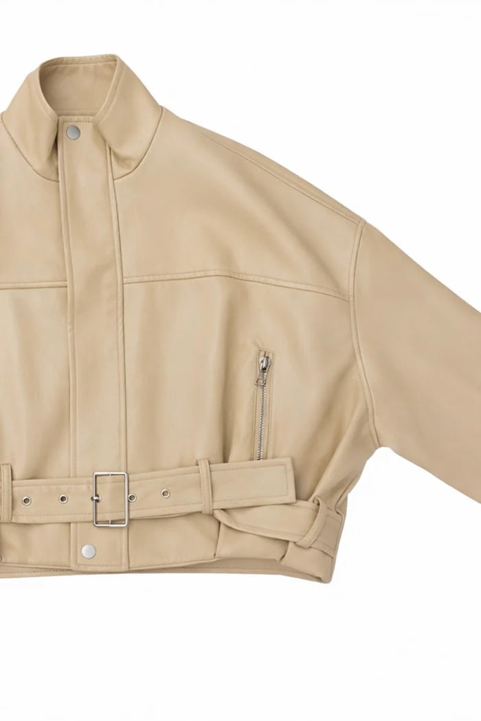 Forever 21 Faux Leather Belted Cropped Jacket, Color-Cream, Size-S