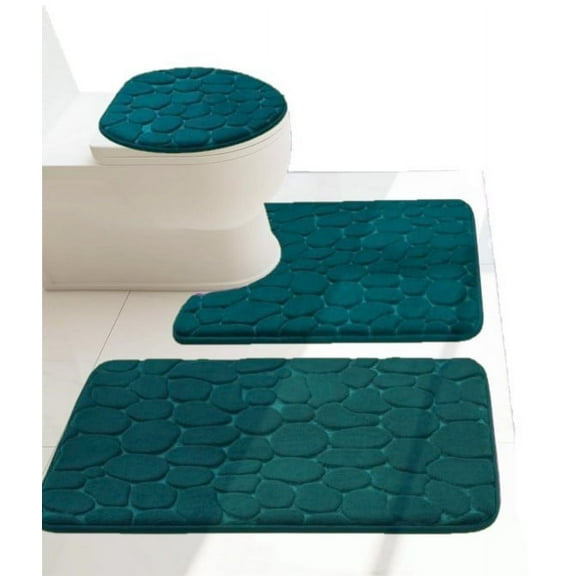 BRS Luxury Velvet Hunter Color 3pc Bathroom Rug Set Super Soft Memory Foam Bath Mat, Rug Contour Mat and Toilet Lid Cover Washable Non-Skid Rubber Backing