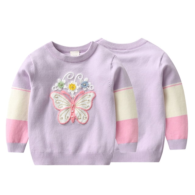 Beautyzll Chandail Col Rond pour Bébé Fille 1-7 Ans Manches Longues Papillon Tricoté