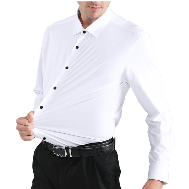 Blusa y camisa de manga larga con cuello vuelto para hombre, informal, de moda, de tela elástica lisa, con botones y cuello vuelto, camisa de poliéster para hombre