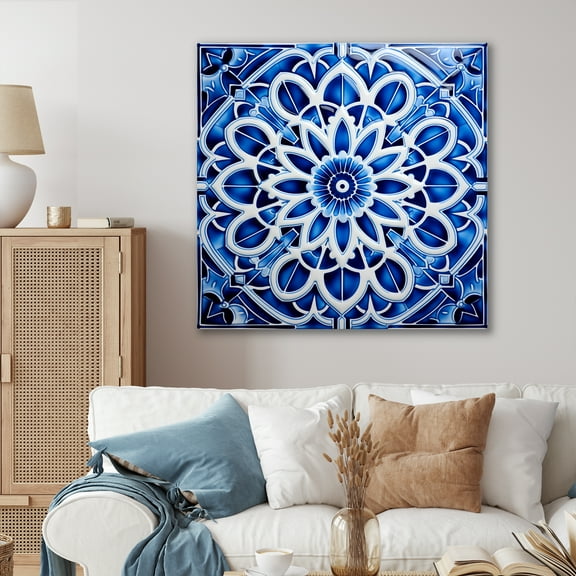 Designart "Moroccan Tiles in White and Blue" Abstract Wall Art - Modern Blue Abstract Geometric Bedroom Canvas Wall Art