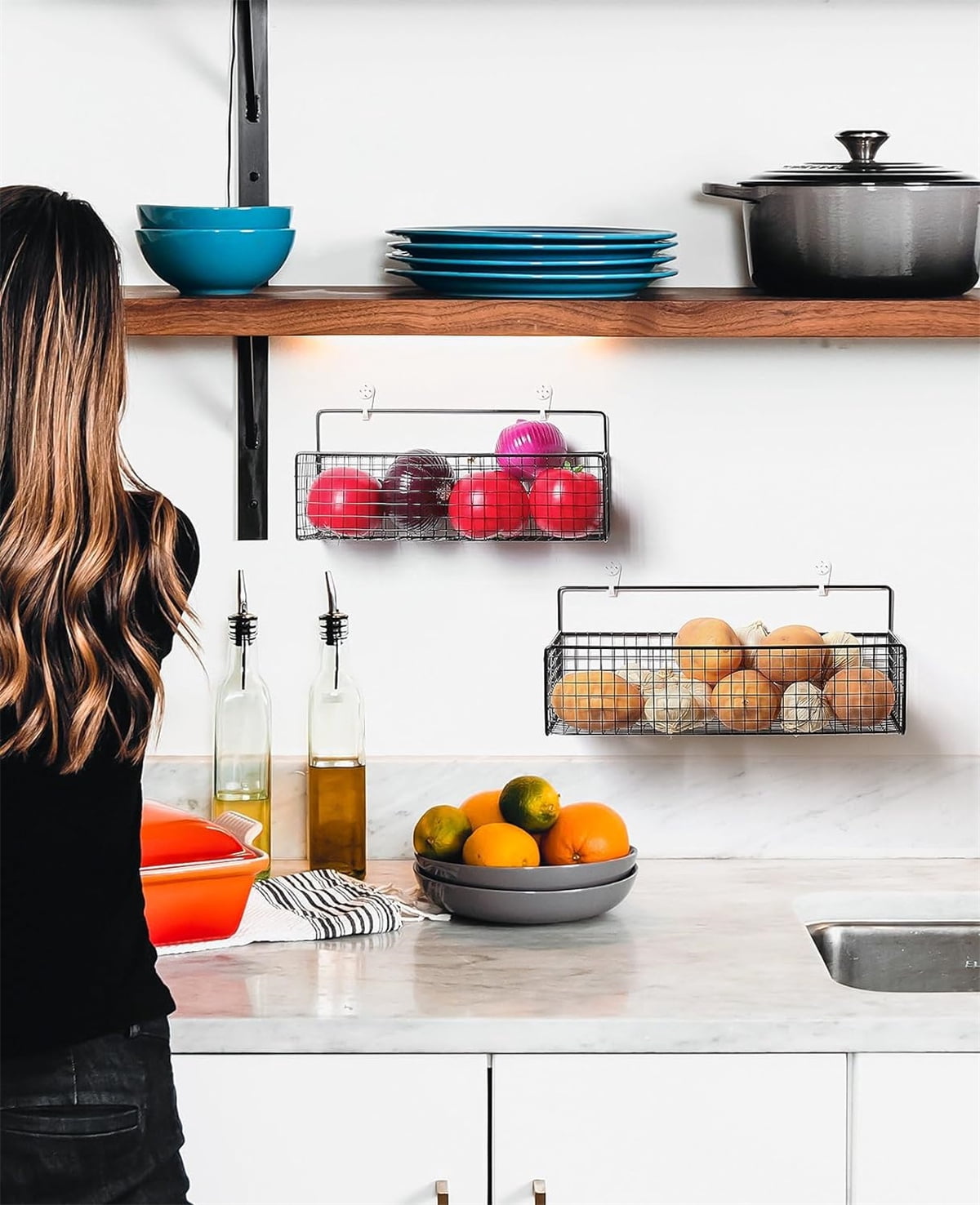 Metal Wire Basket Wall Mount, GIXUSIL Bathroom Storage Basket, 1Pcs Adhesive Fruit Kitchens Hanging Living, Room Wire Baskets, Food Storage Bin for Kitchen (14" x 6" x 4 ", Black)