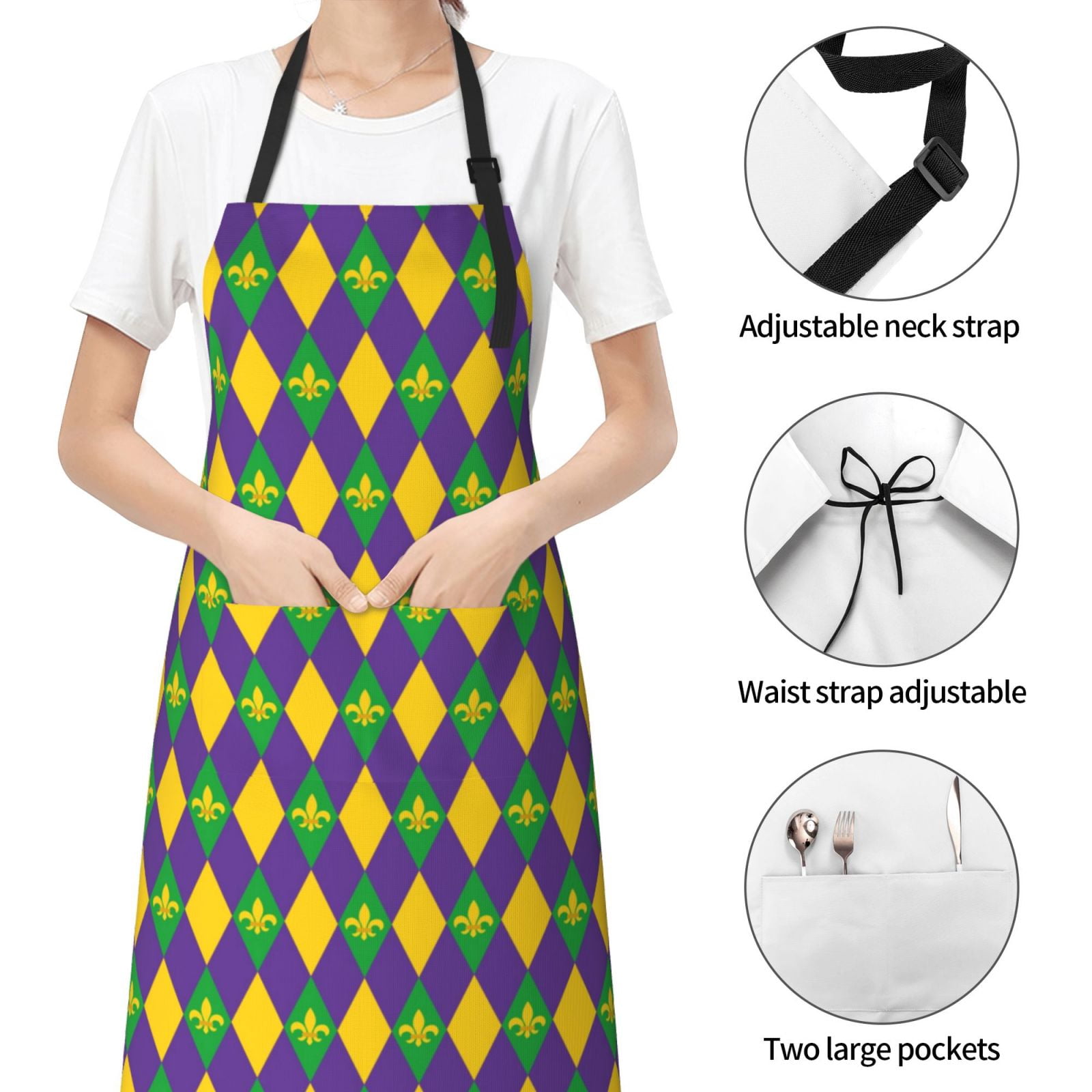 Kdxio Mardi Gras Apron with Pockets Adjustable Kitchen Aprons for Men Women Waterproof Aprons for Cooking,Drawing,Crafting, Baking Household Cleaning