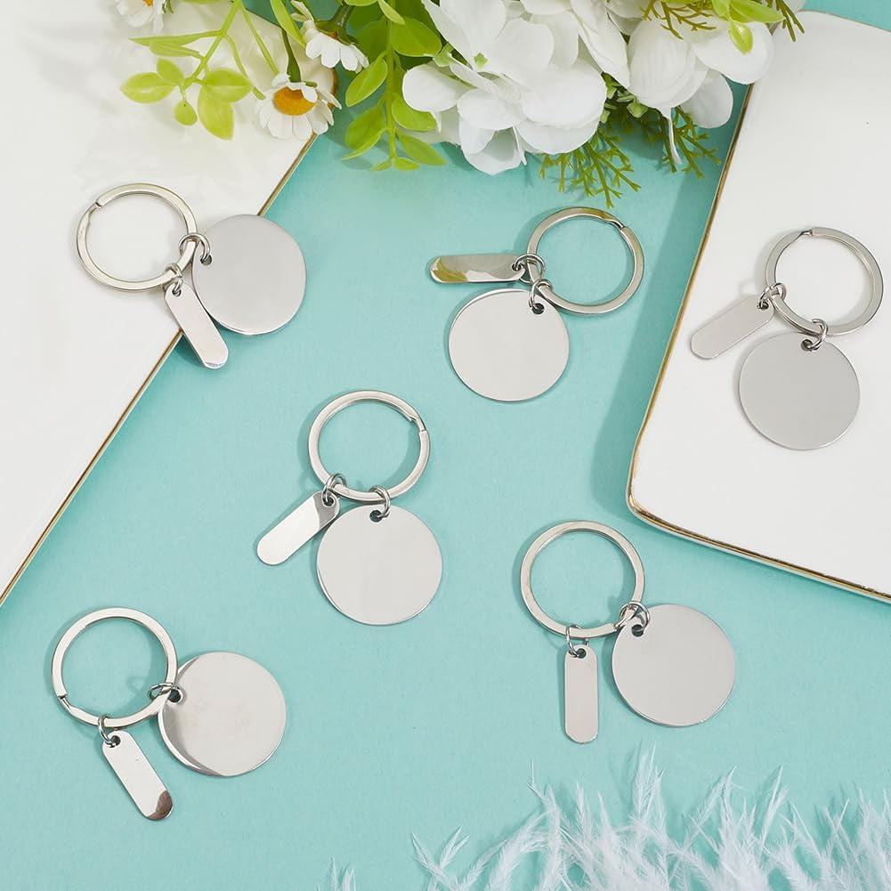 1 Box 20Pcs Engravable Metal Keychain Blanks Round Keychain Blanks Silver Stainless Steel Stamping with Key Ring Laser Engraving Rectangle Tags for DIY Crafts Graduation Gifts Pet Tag