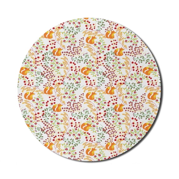 Floral Mouse Pad for Computers, Rhythmic Summer Nature Flowers Leaves Fox Forest Trees Print on Plain Backdrop, Round Non-Slip Thick Rubber Modern Gaming Mousepad, 8" Round, Multicolor, by Ambesonne