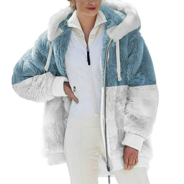 ZQGJB Reduce Womens Oversized Fuzzy Fleece Open Front Hooded Pockets Cardigan Jackets Loose Fit Sherpa Coat Color Block Print Winter Warm Plush Zip Outerwear (Purple#01 XL)