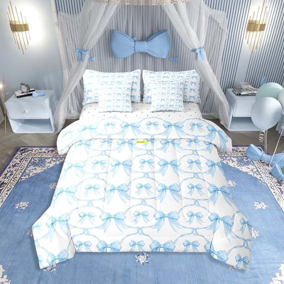 Cartoon Bowknot 7 Piece Comforter Set Queen Bow Knot Bedding Butterfly Knot Bow Tie Sheet Set Bed in A Bag Watercolor Aesthetic Coquette Room Decor Geometric Blue Duvet Insert