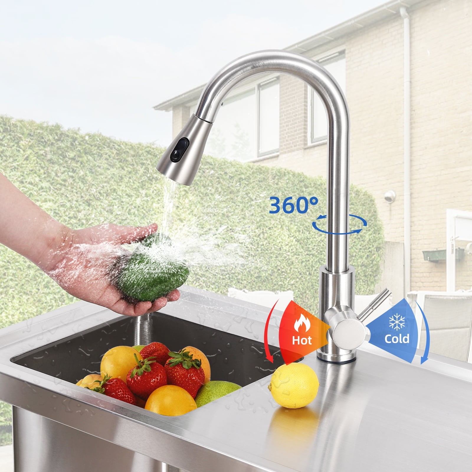 Huisuilinss Stainless Steel Sink Free Standing Single Bowl Kitchen Sink With Workbench Utility Sink With Hot & Cold Hoses For Laundry Room Farmhouse Bathroom Restaurant Garage