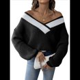 thumbnail image 3 of Suéter de Punto Ligero de Larga para Mujer, con Cuello en V y Costuras en Contraste. Negro L, 3 of 9