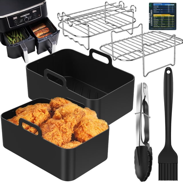 7Pcs Air Fryer Accessoires Ensemble Flexible Antiadhésif Air Friteuse Silicone Doublure Acier Inoxydable Grille de Friteuse à Air Chaud avec Brosse à Huile Réutilisable Friteuse à Air Temps de Cuisson au Lave-Vaisselle Sûr pour Air Frye
