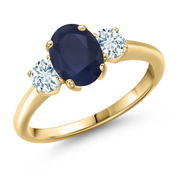 Gem Stone King 2.30 Ct Oval Blue Sapphire Sky Blue Aquamarine 18K Yellow Gold Plated Silver Ring (Size 6)