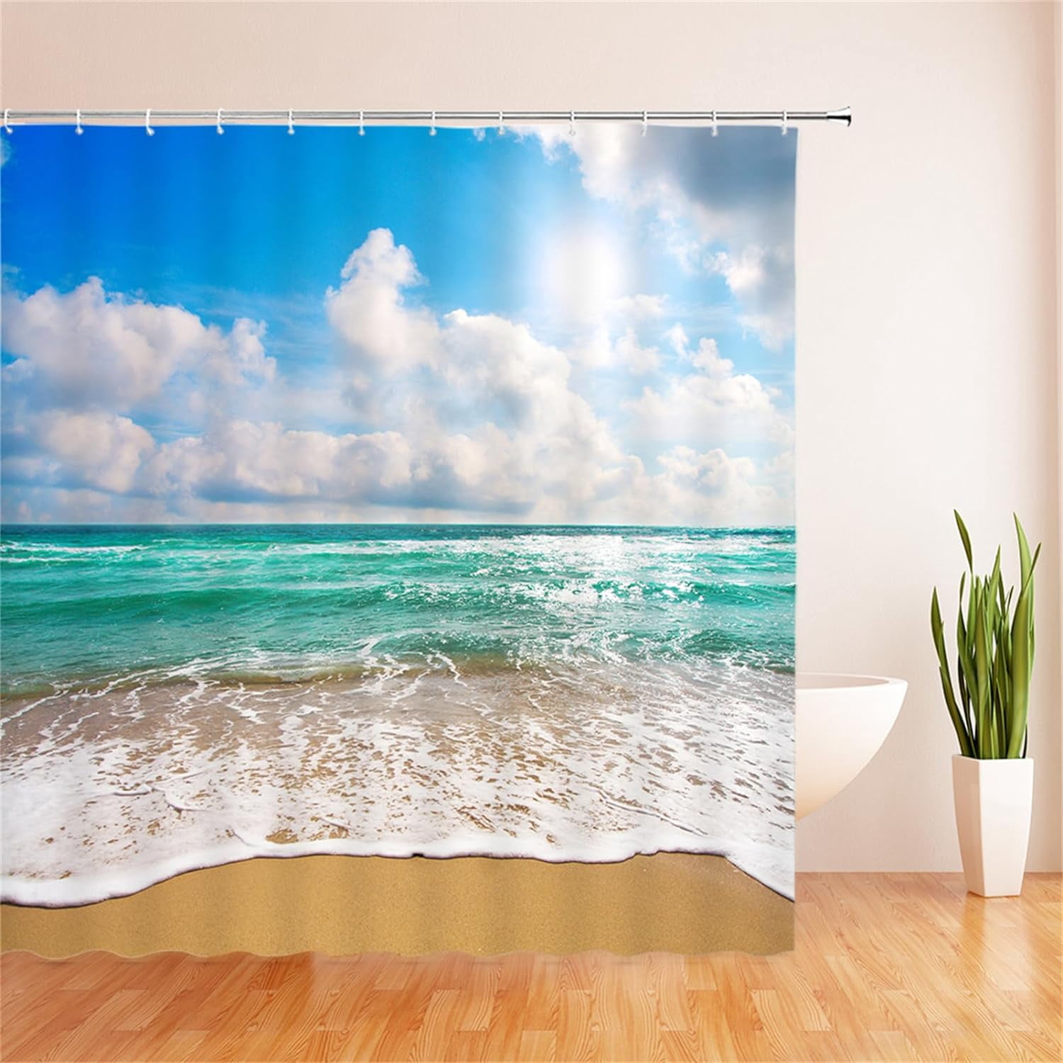 Ocean Beach Shower Curtain Blue Sky Tropical Sea Waves White Cloud Seaside Landscape Hawaii Summer Nature Scenery Bath Curtain with Plastic hooks
