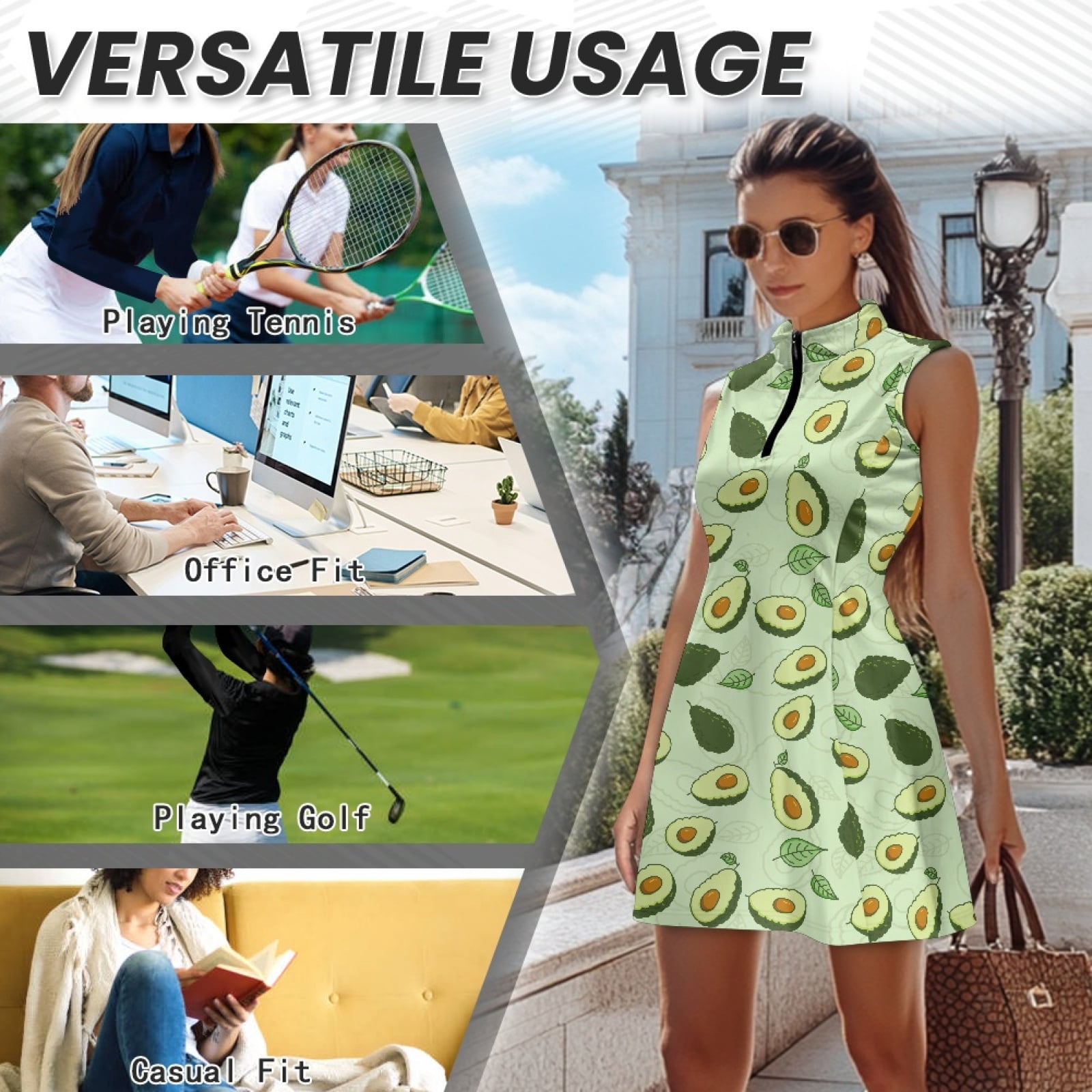 COEQINE Avocado and Leaf Green Print Women's Golf Dress with Collared Design Sleeveless Zip Up Sports Dresses with Built in Shorts and Pockets 2 Pieces Elastic Workout Outfits, S