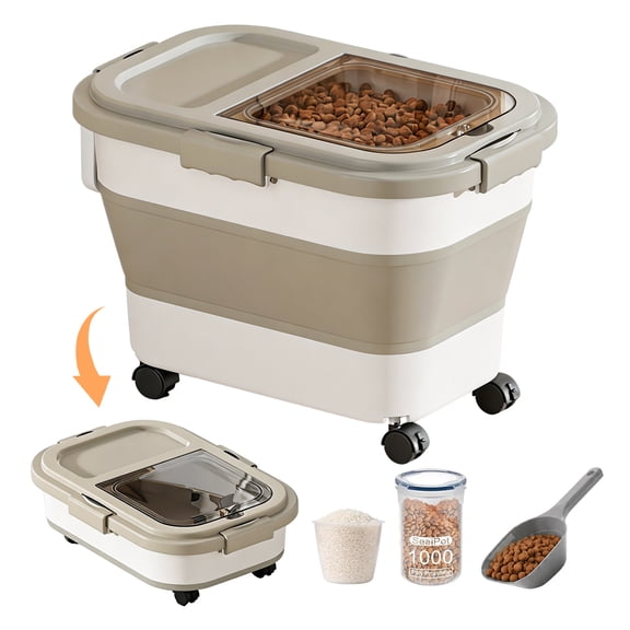 Naeqieo 20-23 lbs Collapsible Dog Food Storage Container, Multifunctional Dog Food Container with Rolling Wheels & Transparent Airtight Lid, for Pet, Cat, Rice, Flour Food