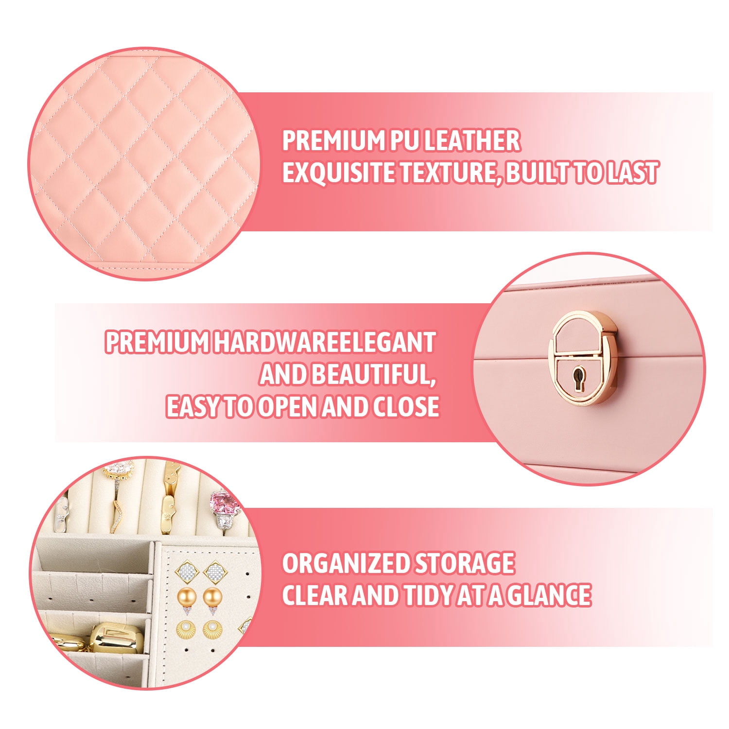 ASKITO 3 Layers Jewelry Box, Lockable Jewelry Holder Organizer with Drawer, Large Jewelry Boxes for Women Girls, Jewelry Holder for Necklace Earring Ring Bracelet Watch, Pink