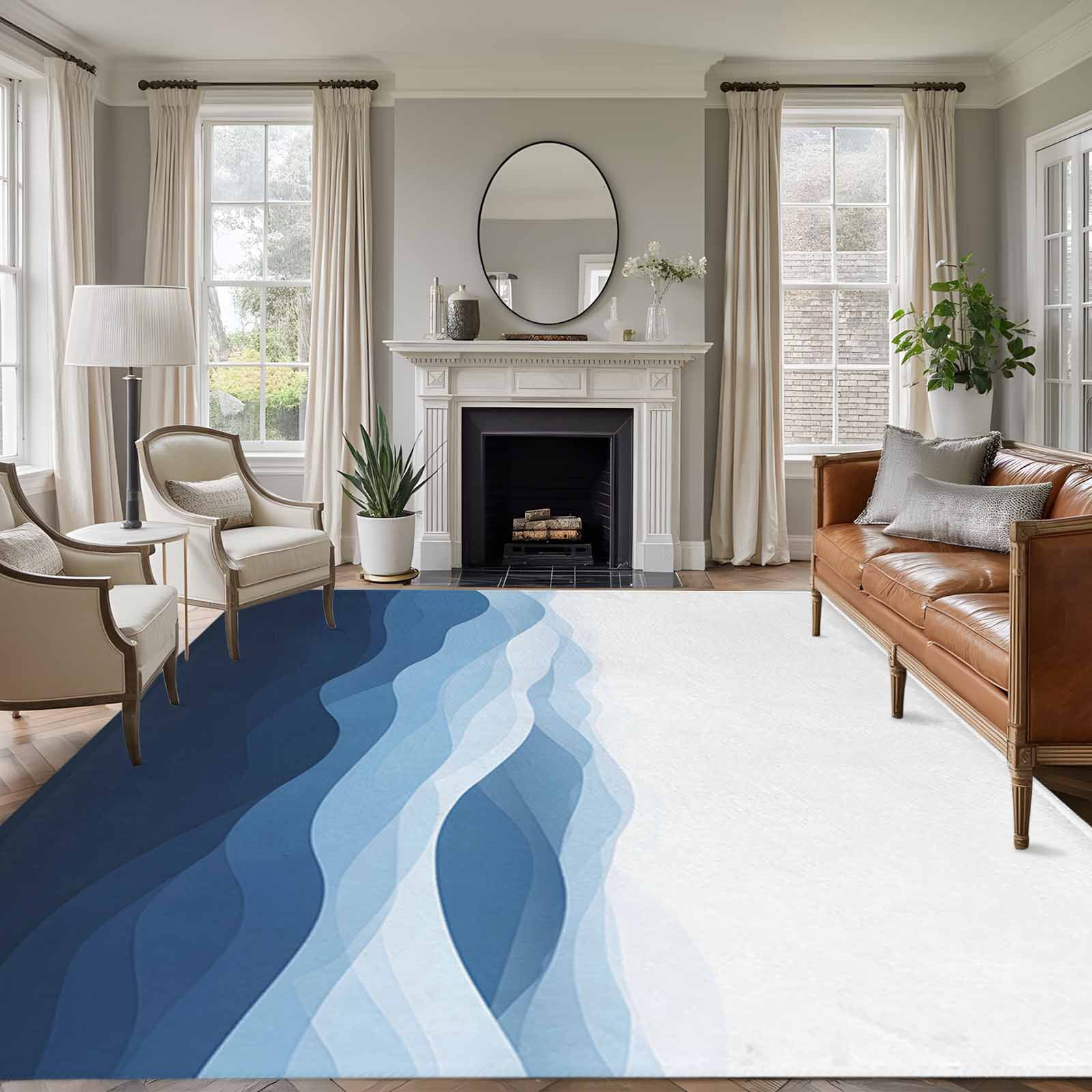 Non-Slip Rug Pad Rugs Summer Navy Blue Gradient Water Ripple Rectangle Area Rugs 5x7Ft Soft Carpet Pads for Living Room Kids Room Abstract Geometric