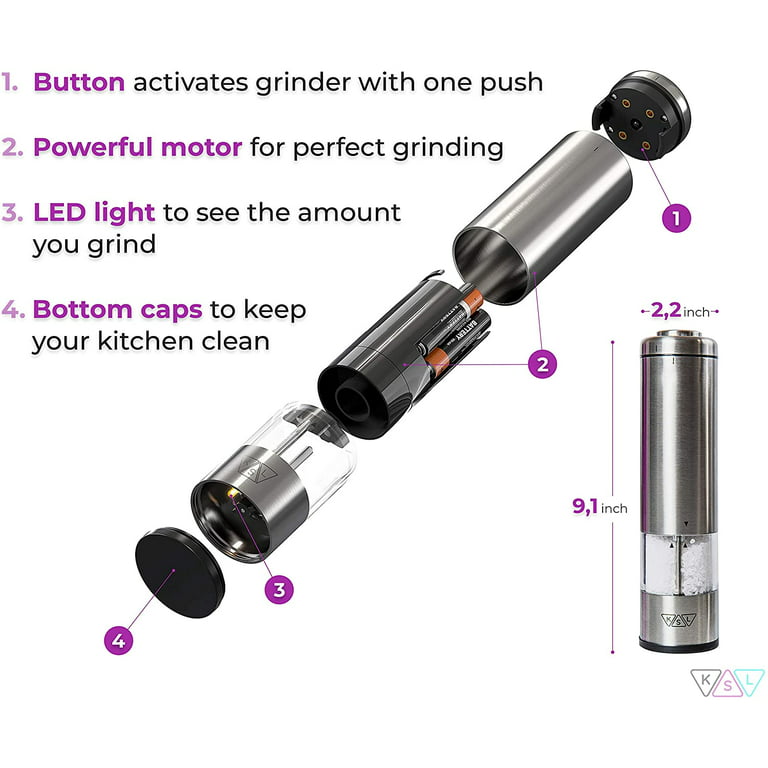 KSL Gravity Electric Salt and Pepper Grinder Set (Black) - Battery Operated  Mill, Automatic Shaker with Light