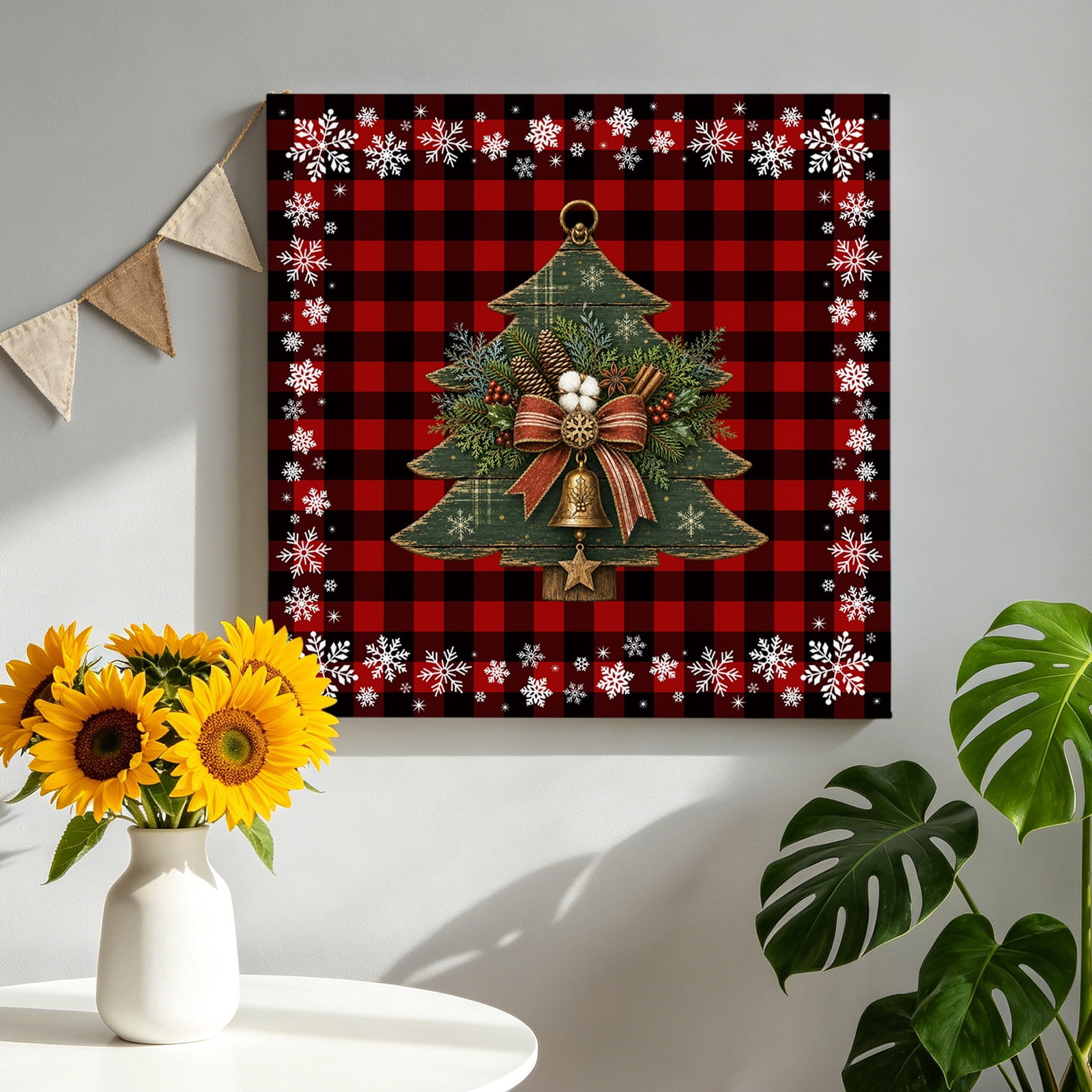 Christmas Tree Canvas Wall Art Rustic Bell Pinecone Snowflake Red Black Gingham Pictures Wall Decor Wooden Framed Artwork Art Prints for Living Room Hallway Bedroom Office 10 x10