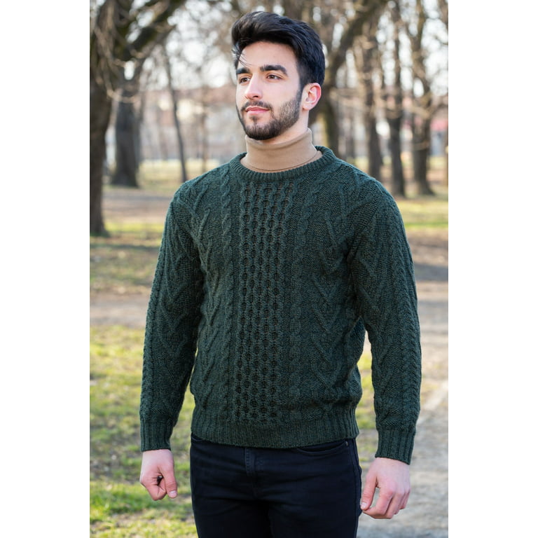SAOL 100% Merino Wool Men's Irish Traditional Aran Crew Neck Cable Knit  Sweater Pullover (Charcoal, Small) at  Men's Clothing store