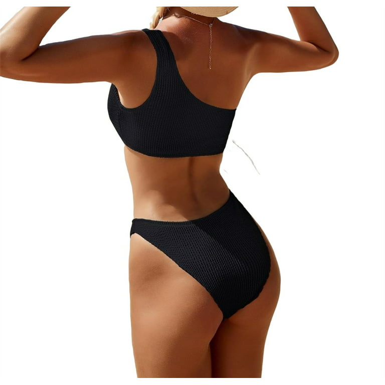 Women's Textured One Shoulder Bikini Swimsuit Black L(8/10) 