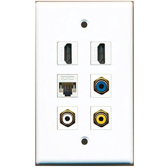 RiteAV - 2 HDMI 1 Port RCA White 1 Port RCA Yellow 1 Port RCA Blue 1 Port Cat5e Ethernet White Wall Plate