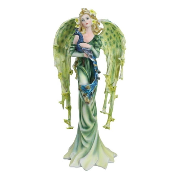 Beautiful Green Fairy With Colorful Flowers Carrying A Blue Peacock Figurine