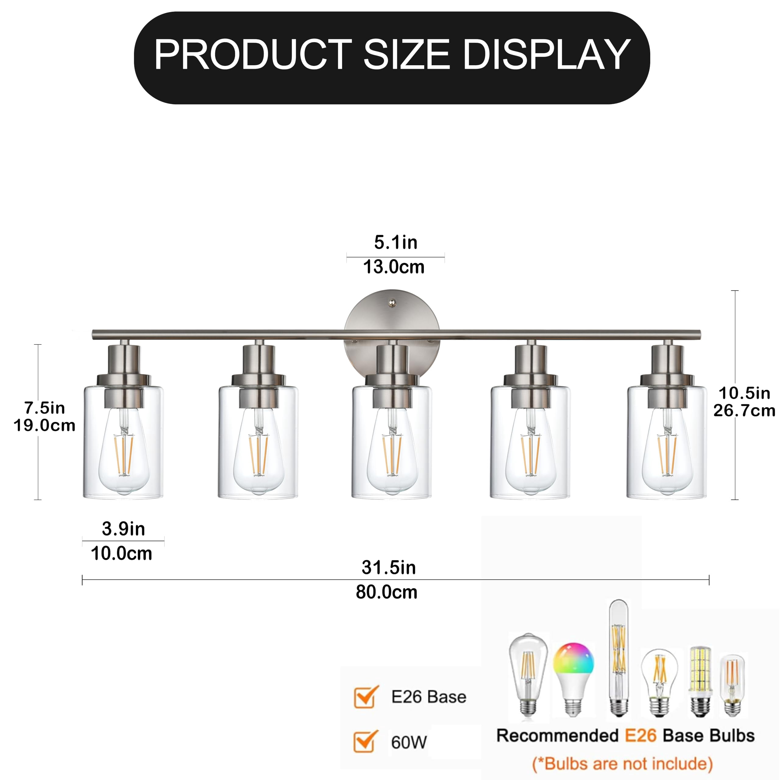 Melucee 5-light Vanity Light with Round Plate – Brushed Nickel Modern Bathroom Light Fixture, Dimmable Wall Sconce for Mirror, Bedroom, Makeup Area