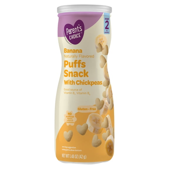 Parent's Choice Stage 2 Banana Puffs Baby Snacks with Chickpeas, 1.48 oz Canister