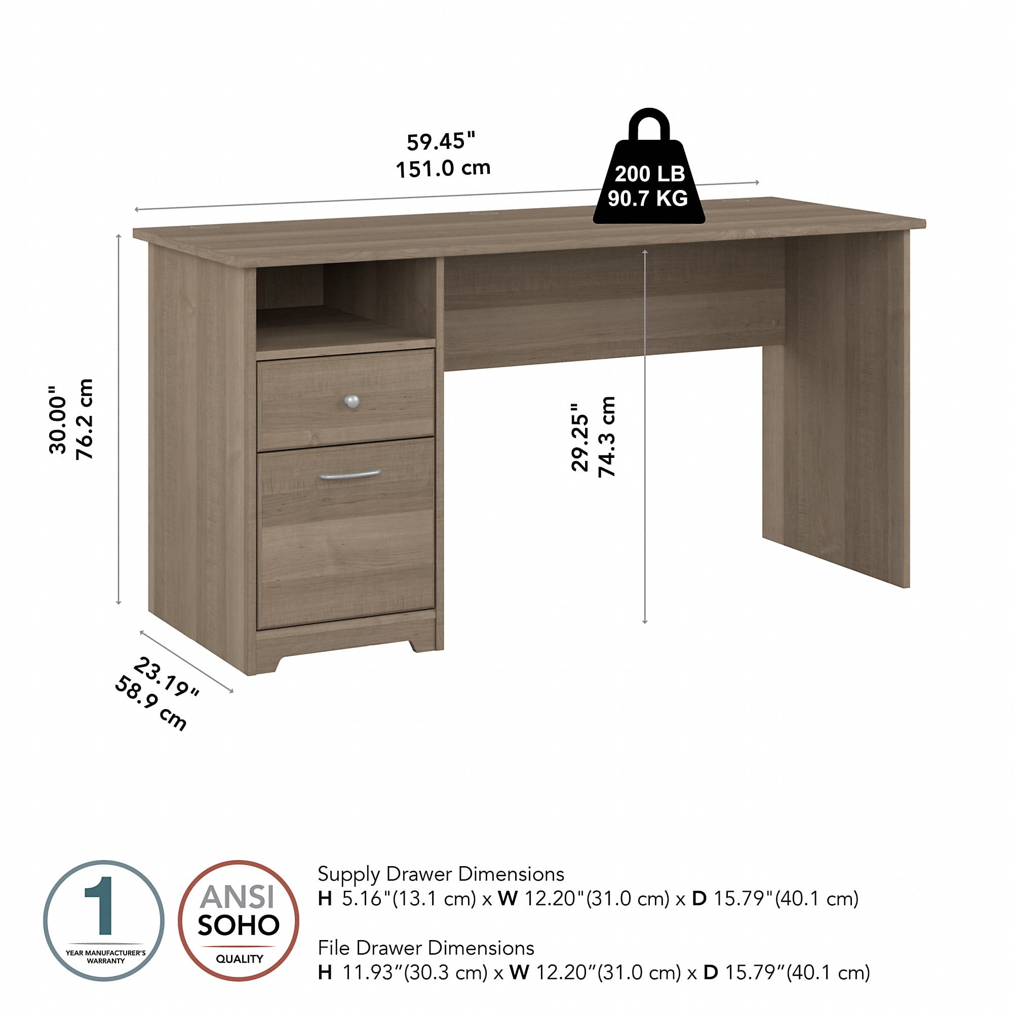 Cabot 60W Computer Desk with Drawers in Ash Gray - Engineered Wood