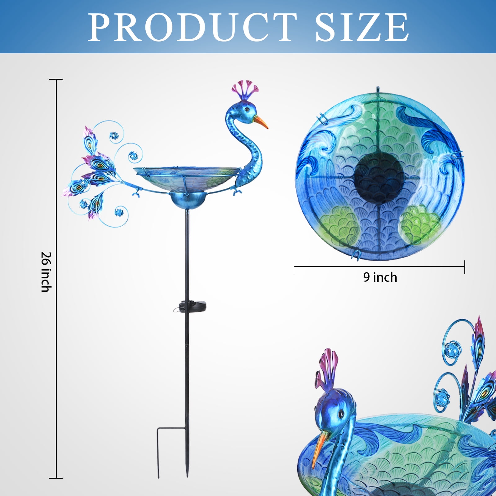 Outdoor Bird Bath Solar Light Birdbath Small Birdfeeder with Peacock Metal Stake for Garden Yard Decor