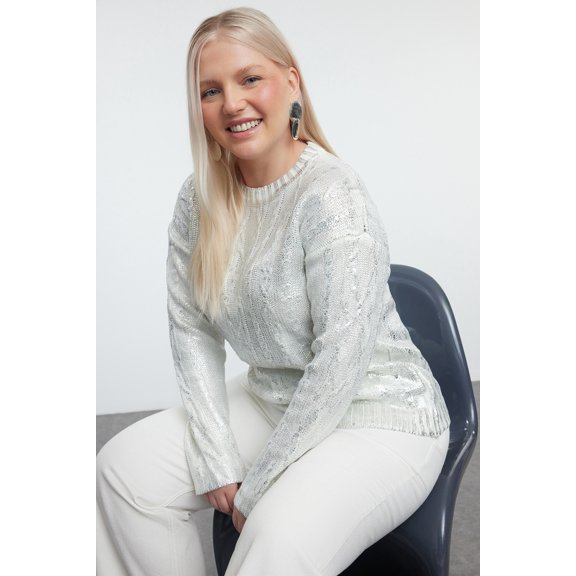 Trendyol Curve Women's Silver-colored Cable knit Long Regular fit Plus Size Sweaters