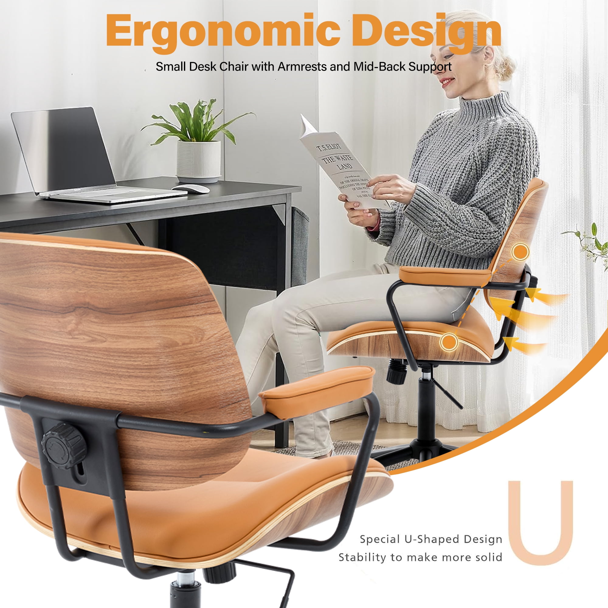 Mid Century Modern Home Office Chair, Adjustable Height Desk Chair with Wheel & Walnut Back, Swivel Rolling Task Chair for Home, Office, Reading Room, Orange