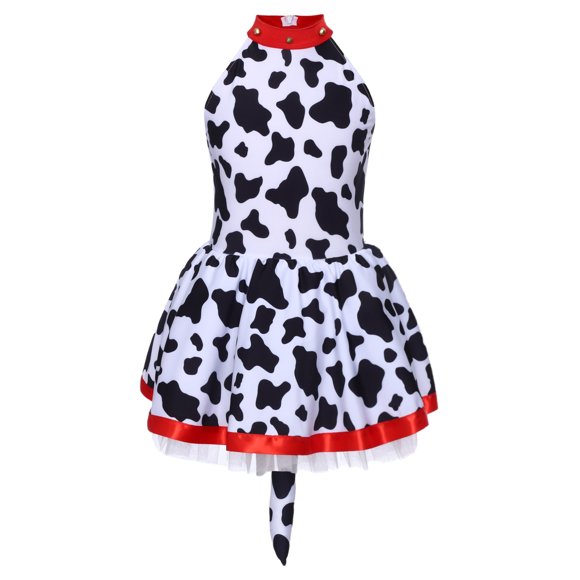 RUNQHUI Kids Girls Dalmatian Dress 101 Days Of School Spotted Dog Leotard Tutu Dress with Bow Tail White Black 16