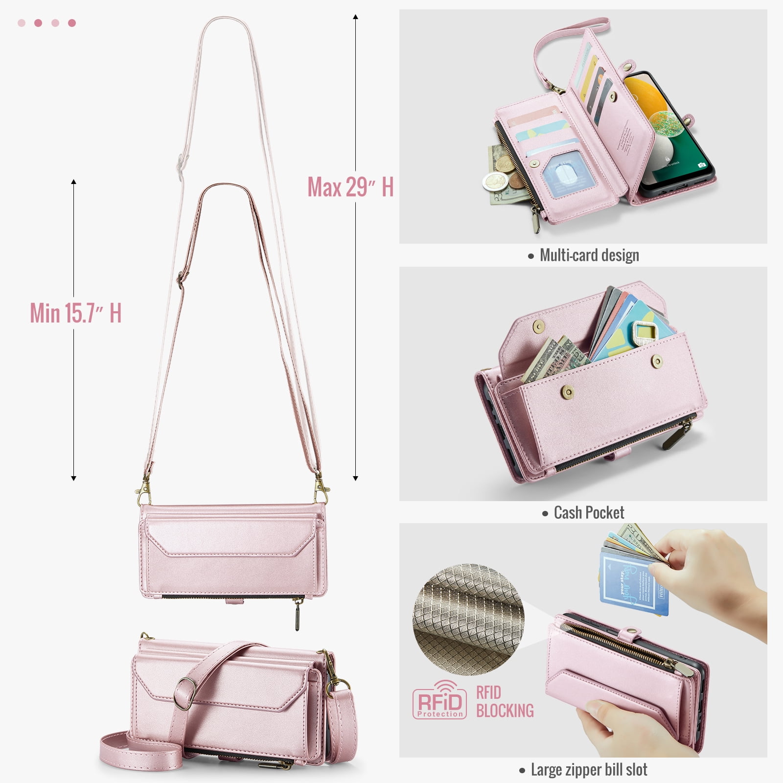 Compatible with Samsung Galaxy A13 5G Zipper Wallet Phone Case Tempered Glass Screen Protector Crossbody Lanyard Strap Flip Card Holder Slot Cell Cover for A04S M13 A13 2022 13A A135G Women Rose Gold