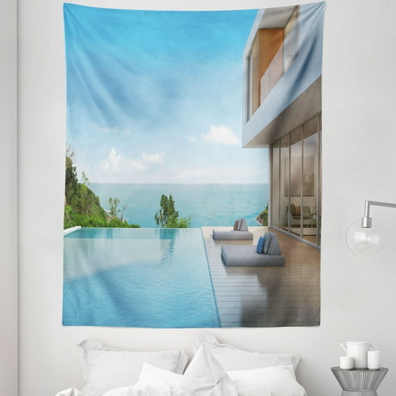 Summer Tapestry, Modern Minimalist Design Beach Summer House with Ocean Print, Fabric Wall Hanging Decor for Bedroom Living Room Dorm, 5 Sizes, Pale Brown Sky Blue, by Ambesonne
