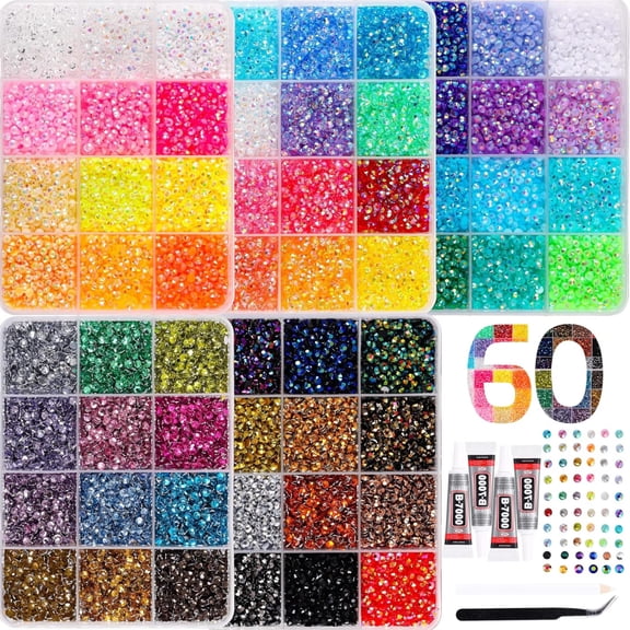 32000Pcs Rhinestones bedazzling kit, 60 Colors Flatback Crystal Gems with Glue Pickup Pen Tweezer Storage Case for DIY Jewelry Making Supplies