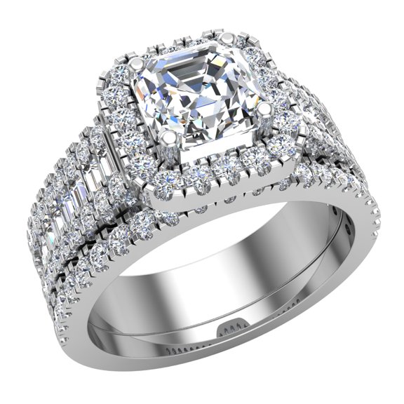Asscher Cut Center Diamond Cushion Halo Wedding Ring Set 1.60 Carat Total Weight 14K White Gold
