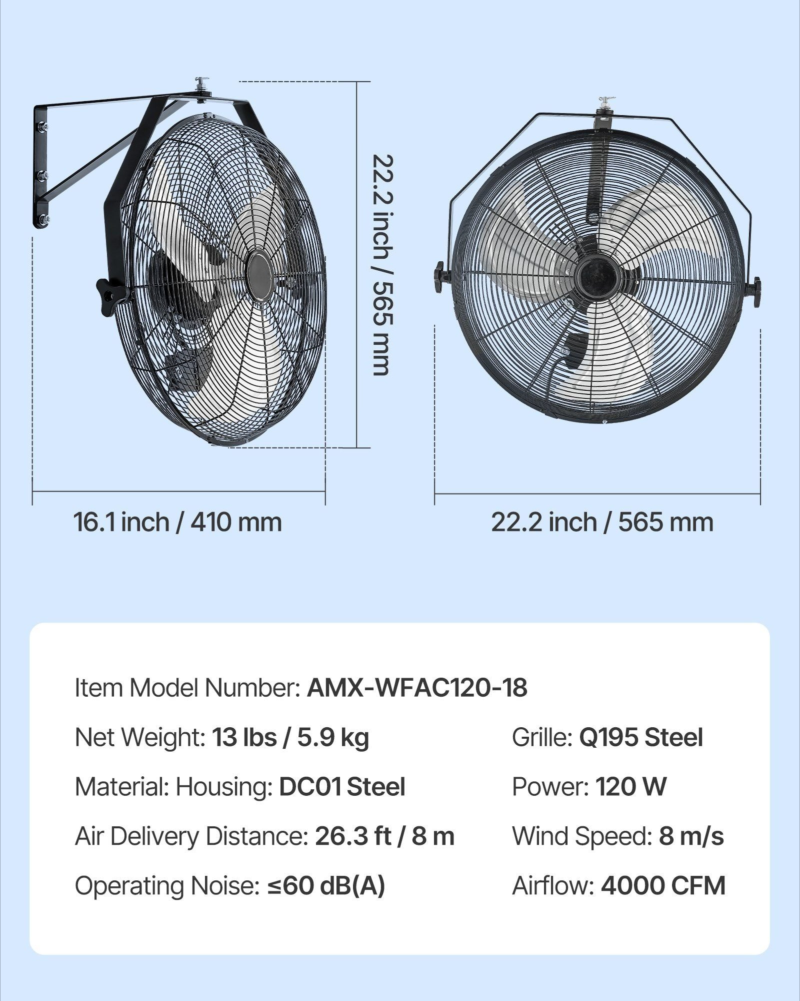 18 Inch Industrial Wall Mount Fan, 3 Speed Settings, 4000 CFM High Velocity, for Garage Workshop Warehouse, Heavy Duty Metal, ETL Certified