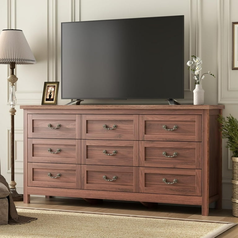 9 Drawer Triple Dresser for Bedroom, 63" Dresser TV Stand for TVs up to  75",Wide Chest of Drawers,Large Storage Long Dressers Organizer with  Vintage ...