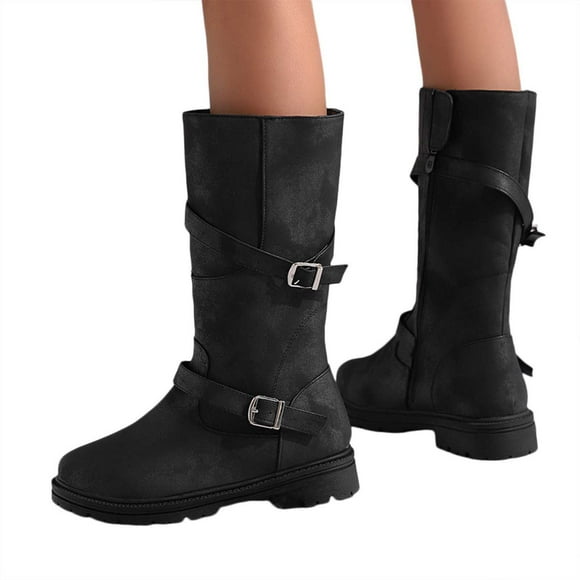 Womens Platform Mid Calf Combat Boots Vintage Casual Buckle Round Toe Chunky Low Heel Wide Calf Riding Tall Boots